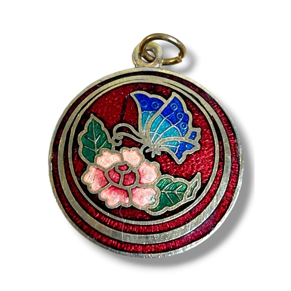 Vintage Red and Gold Tones Cloisonne Blue Butterfly Pink Floral Round Pendant